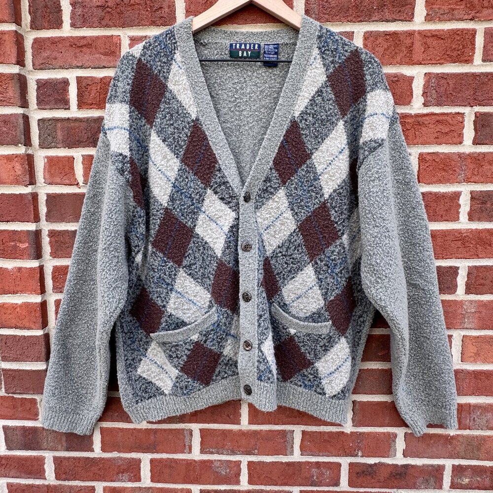 VTG Argyle Grandpa Cardigan Sweater Mens Large Green Brown Preppy Trader Bay